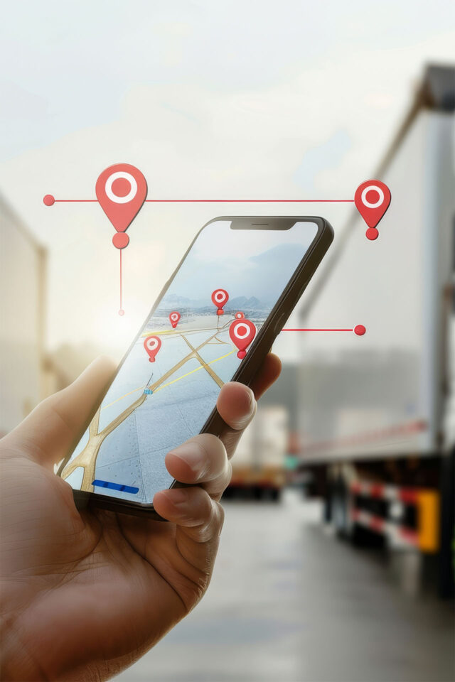 Dłoń trzyma smartfon z widokiem mapy i znacznikami lokalizacji do śledzenia transportów w środowisku logistycznym.