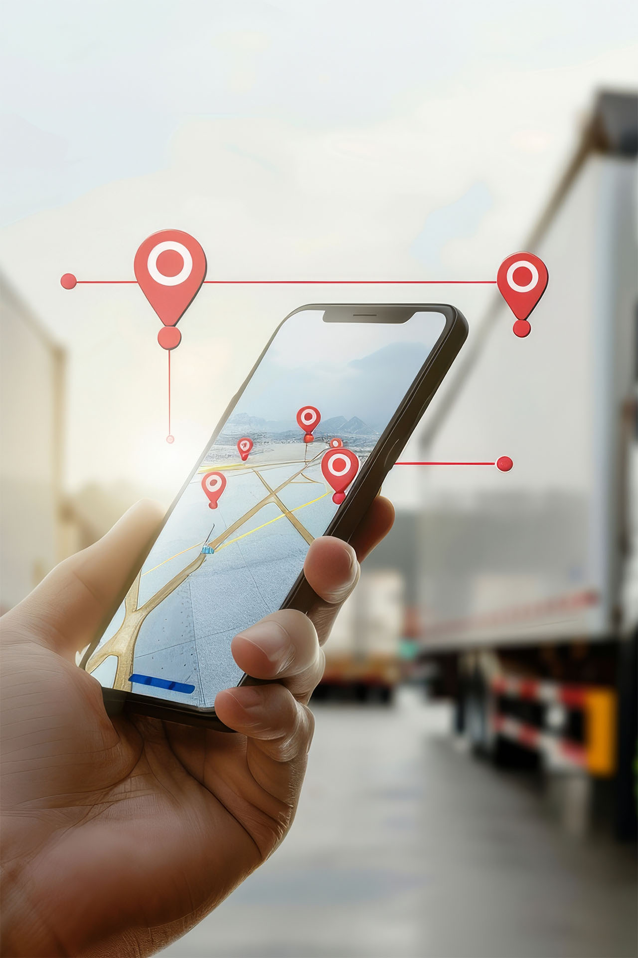Dłoń trzyma smartfon z widokiem mapy i znacznikami lokalizacji do śledzenia transportów w środowisku logistycznym.