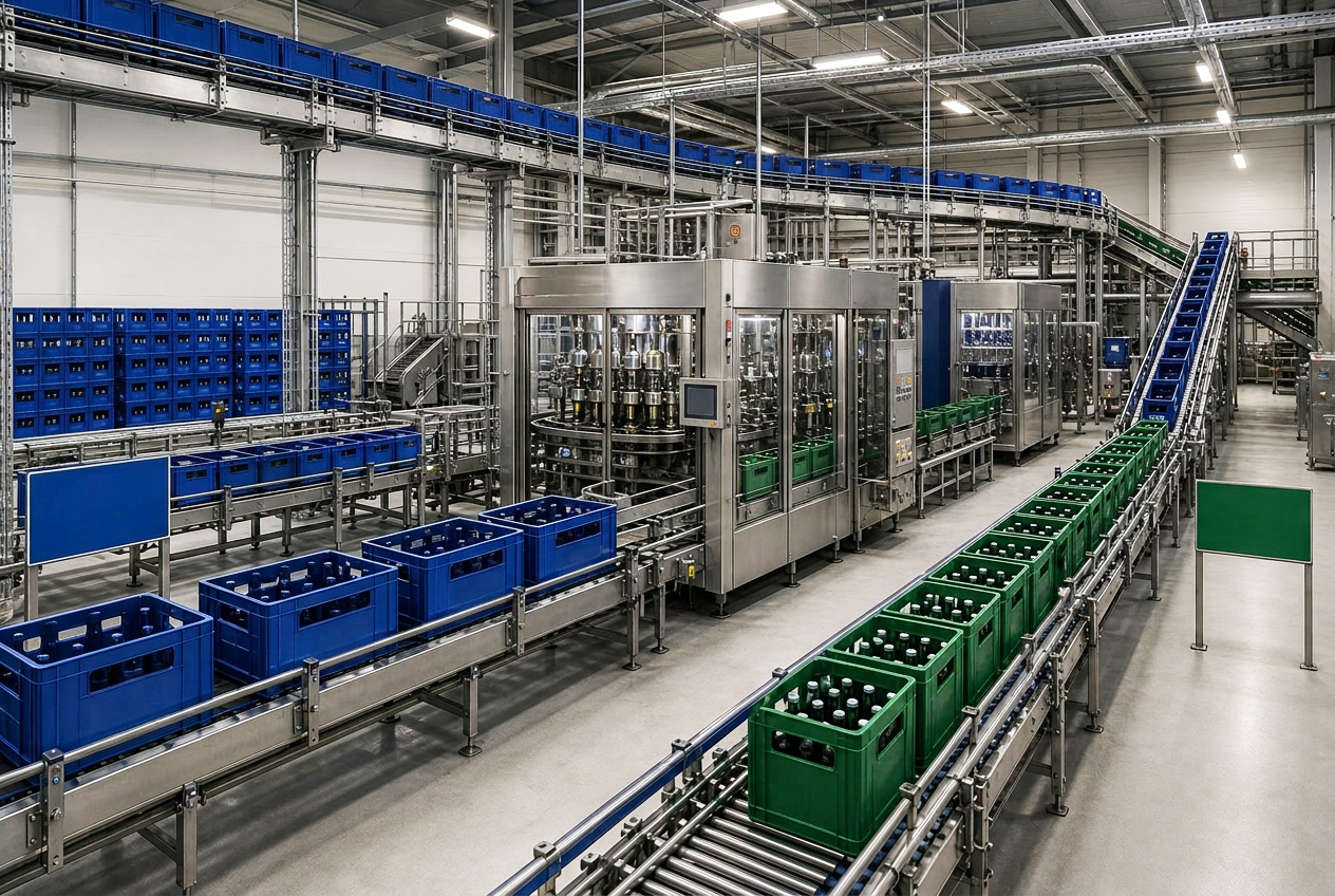 Technologia transportu pustych i pełnych skrzynek z higieniczną konstrukcją i łatwymi do czyszczenia komponentami dla przemysłu spożywczego.